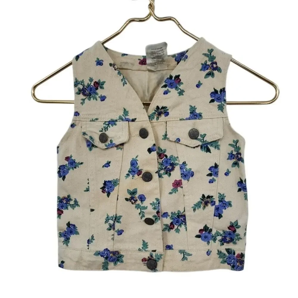 Vintage‎ Girls White Denim Floral Sleeveless Vest Size 4 Made In U.S.A.